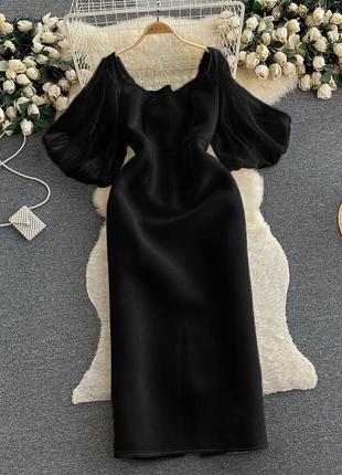 Элегантное атласное платье с пышными рукавами из органзы черный