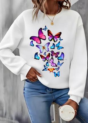 Классный белый свитшот с накатом бабочки