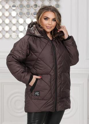Женская куртка силикон карманы капюшон плащевка коричневый1 фото