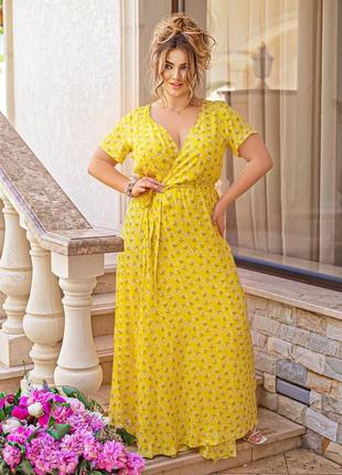 Стильное длинное платье с резинкой на талии и поясом желтый