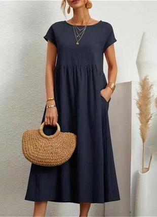 Літнє лляне плаття із завищеною лінією талії й суцільнокроєним рукавом темно-синій