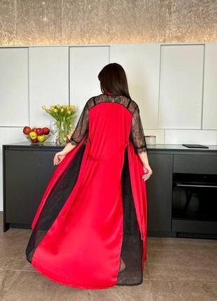 Женский халат с кружевом армани шелк: красный, черный, пудра | кружевный халат батал (большие размеры)7 фото