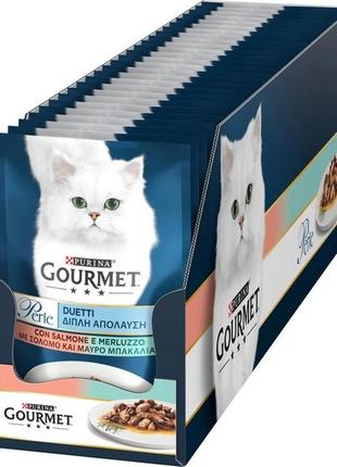 Вологий корм для котів purina gourmet perle duo з лососем та сайдою мініфіле у підливі 26х85г