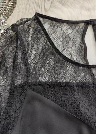 Черная длинная блуза туника шифон с ажурным верхом декольте гипюр вышивка длинный рукав6 фото