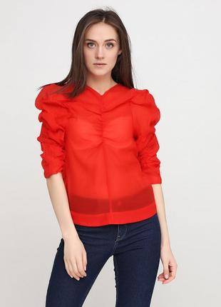 Красная блуза прозрачная с органзы органза кроп топ с длинными рукавами рюшами