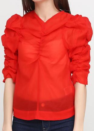 Красная блуза прозрачная с органзы органза кроп топ с длинными рукавами рюшами2 фото