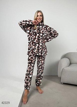 Женская пижама теплая на молнии с леопардовым принтом 42-44