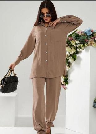 Жіночий прогулянковий однотонний якісний костюм двійка сорочка та штани вільного крою батал та норма4 фото
