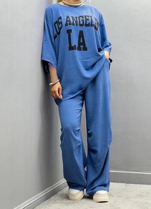Костюм спортивный женский оверсайз футболка с принтом брюки на высокой посадке с карманами качественный стильный трендовый синий малиновый