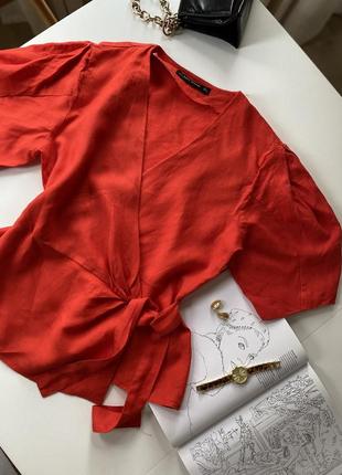 Льняна червона блузка від zara зара на запах розмір l блуза кофта майка