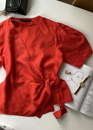 Льняна червона блузка від zara зара на запах розмір l блуза кофта майка4 фото
