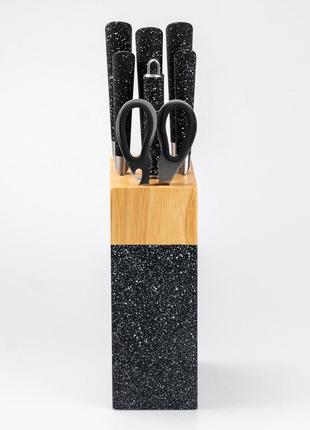 Набор кухонных ножей 5 штук ножницы мусат на подставке черный3 фото