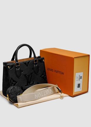 Чорна зерниста шкіряна натуральна жіноча сумка louis vuitton шлеппер луї віттом широкий ремінець на плечі лого9 фото