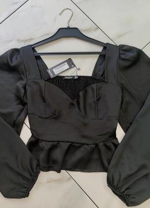 Женская черная сатиновая блуза топ boohoo 12 (46-48) m6 фото