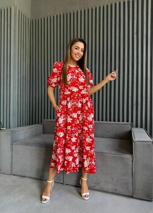 Платье женское длинное миди с цветами 42-52 красное4 фото