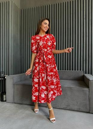 Платье женское длинное миди с цветами 42-52 красное1 фото
