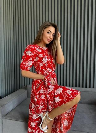Платье женское длинное миди с цветами 42-52 красное7 фото