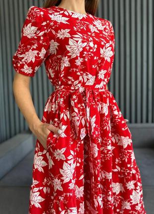 Платье женское длинное миди с цветами 42-52 красное6 фото