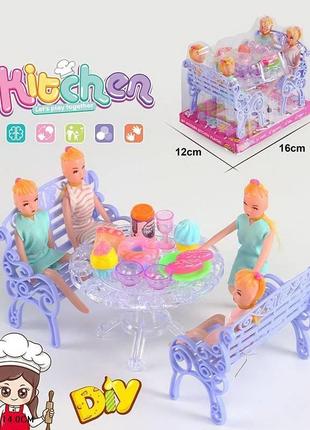 Іграшкові меблі для кухні star toys 16 см ляльки, стіл, лави, посуд, продукти a8-685