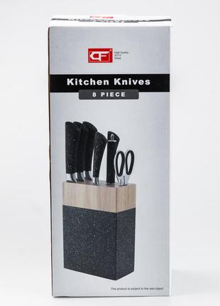 Набір кухонних ножів 5 штук ножиці мусат на підставці чорний8 фото