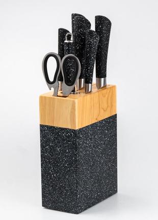 Набір кухонних ножів 5 штук ножиці мусат на підставці чорний4 фото