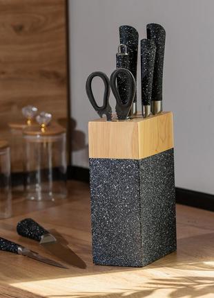Набір кухонних ножів 5 штук ножиці мусат на підставці чорний2 фото