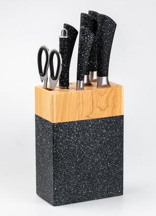 Набор кухонных ножей 5 штук ножницы мусат на подставке черный7 фото