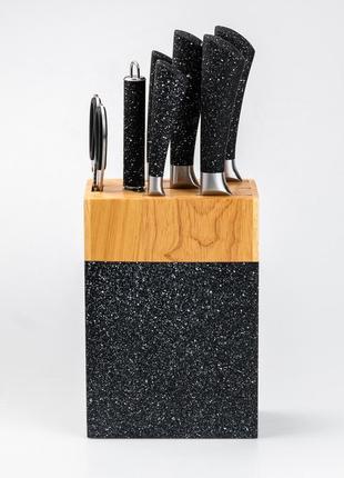 Набір кухонних ножів 5 штук ножиці мусат на підставці чорний6 фото