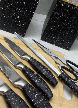 Набір кухонних ножів 5 штук ножиці мусат на підставці чорний9 фото