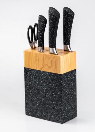 Набор кухонных ножей 5 штук ножницы мусат на подставке черный5 фото