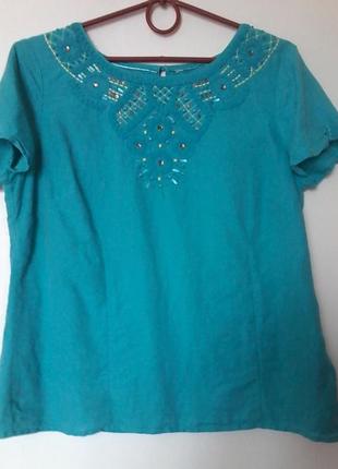 Бирюзовая блуза лен с вышивкой и стразами