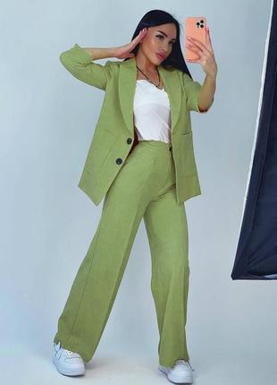 Костюм жіночий класичний оверсайз піджак на гудзиках з кишенями штани на високій посадці якісний стильний оливковий сірий