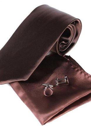 Коричневий набір gofin краватка 8 см, хустка, запонки gzl-3613