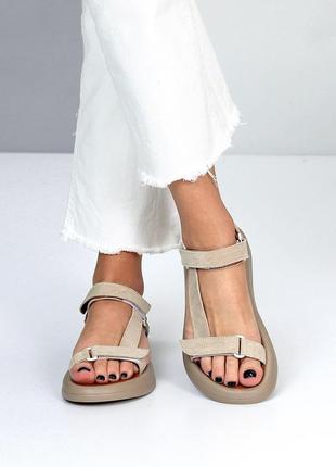 Бежевые женские замшевые босоножки на липучках стильный минимализм 21396