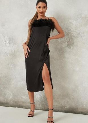 Сукня плаття міді білизняний стиль пір'я розріз сатин атлас чорна missguided