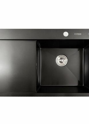 Кухонна мийка чорна pvd 78*48 r platinum handmade (два отвори, круглий сифон 3,0/0,8)