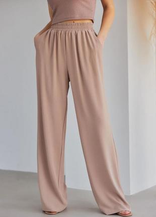 Летние женские прямые брюки, штаны на резинке бежевые 42-44, 44-46, 46-48