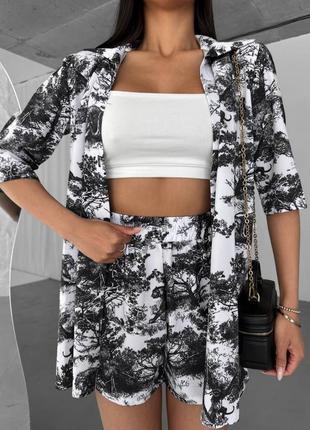 Костюм женский с принтом оверсайз рубашка на пуговицах шорты на высокой посадке качественный стильный трендовый черный леопардовый8 фото