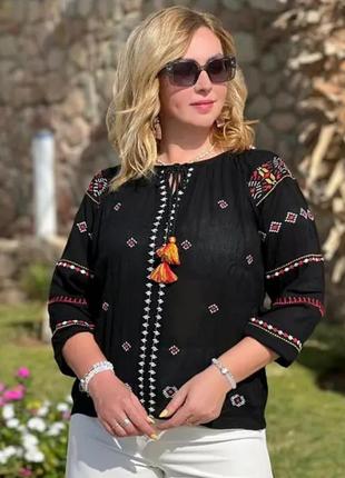 Блузка с вышивкой жатка черный цвет этно стиль