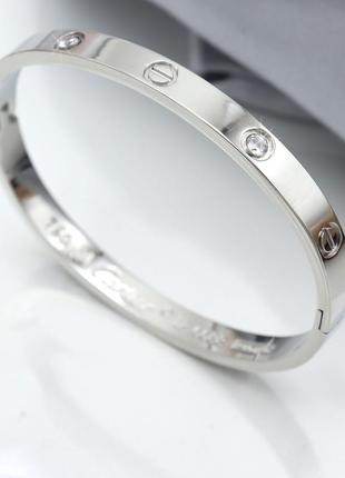Браслет із ювелірної сталі в стилі картьє із кристалами  swarovski з колекції "love" - silver