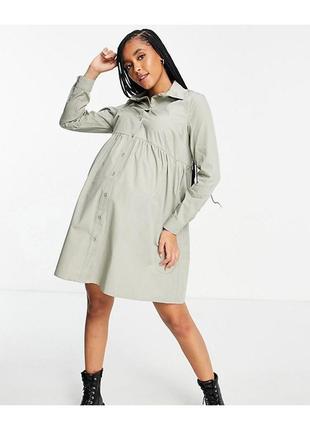 Хлопковое платье рубашка мини цвета хаки с присборенной юбкой asos design maternity(р 34)