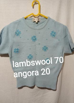 Р30. шерстяная ангоровая нарядная голубая женская футболка пуловер с коротки рукавами вышивкой шерсть ан
