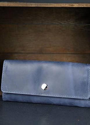 Кожаный кошелек на 12 карт, натуральная винтажная кожа, цвет синий