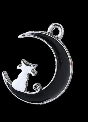 Підвіска finding кулон кішка кіт на місяці півмісяць сталістий чорна емаль 20 мм x 16 мм