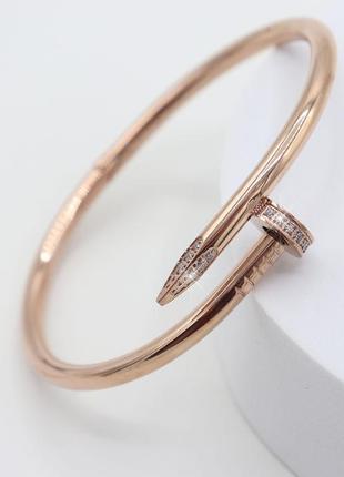 Браслет гвоздь из ювелирной стали в стиле картье с куб.цирконами - rose gold