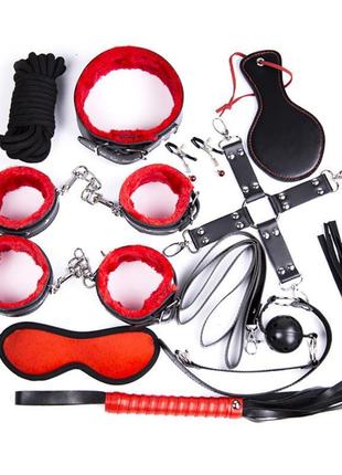 Бдсм подарочный интимный набор для взрослых 10 предметов - плетка, флогер, зажимы для сосков, наручники, кляп