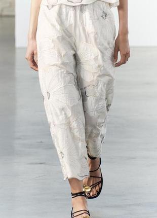 Прямые брюки белые с вышивкой zara new2 фото