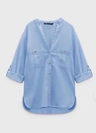 Блуза сорочка zara linen blue roll up sleeves blouse зі свіжих колекцій 100% linen  size l