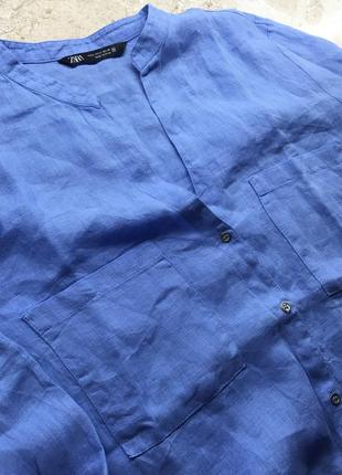 Блуза сорочка zara linen blue roll up sleeves blouse зі свіжих колекцій 100% linen  size l6 фото