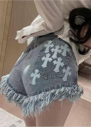 Шорти в стилі chromehearts чорні сині джинс